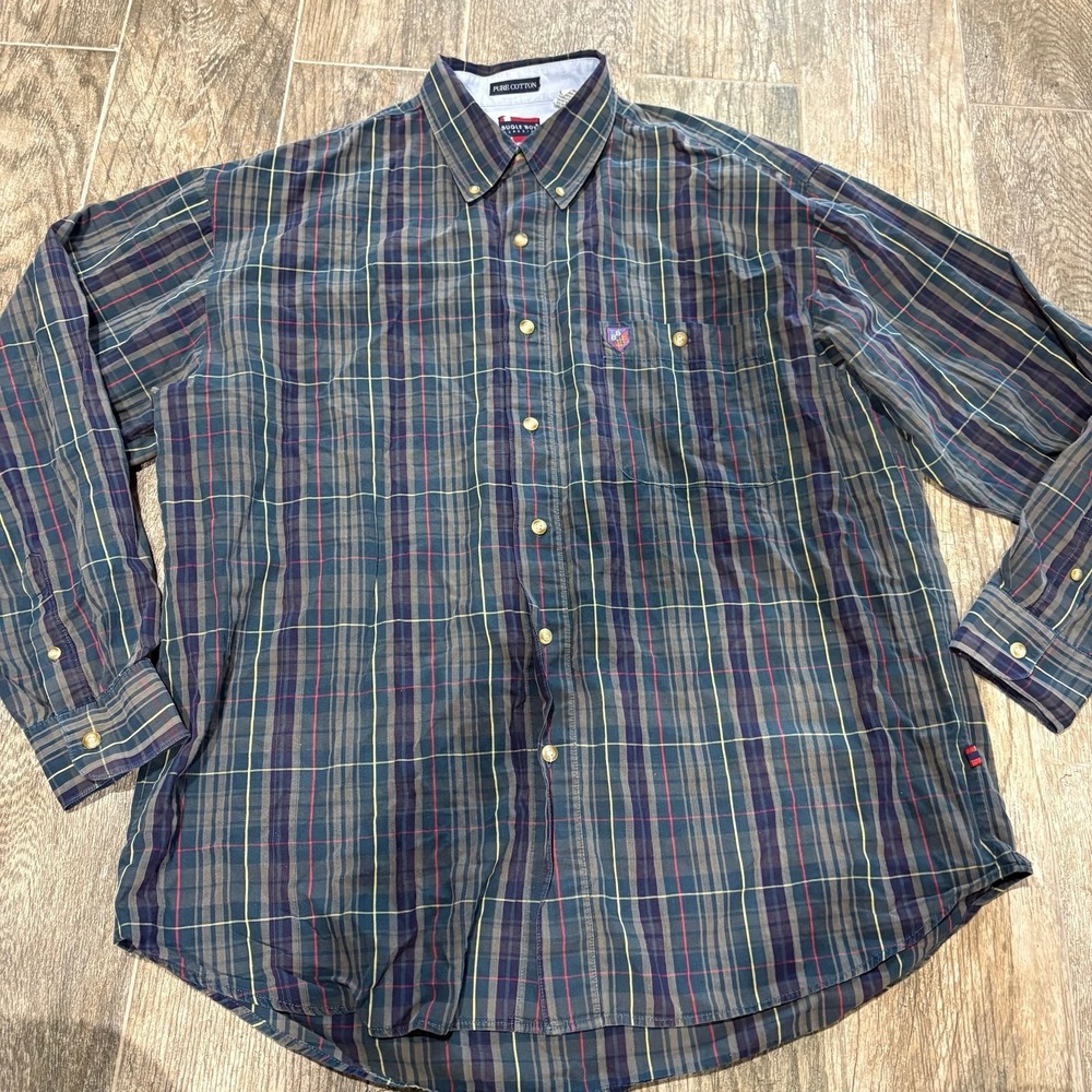 Vtg Bugle Boy Mens Shirt Button Up XL Plaid Multicolor 90s 80s Long Sleeve Retro